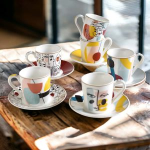 6 tasses à café de 10 cl et 6 soucoupes sérigraphiés en porcelaine