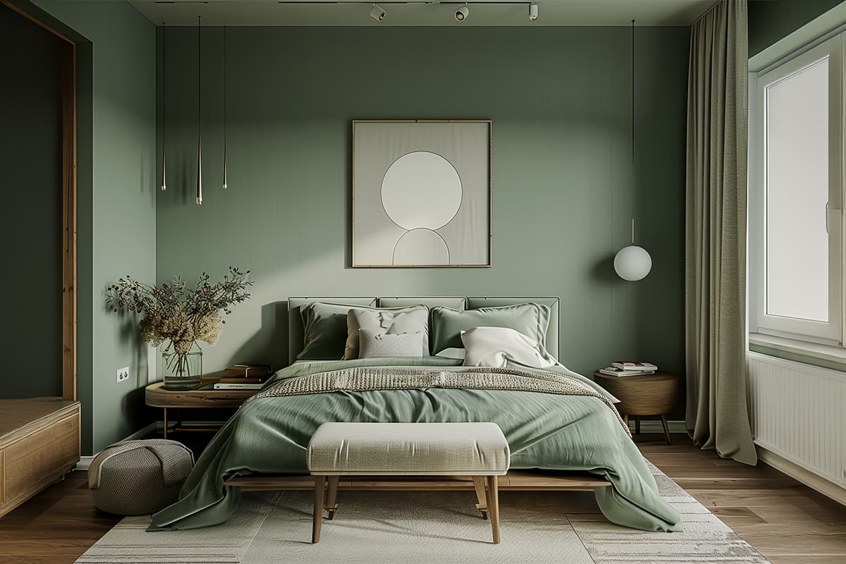 chambre parent avec couleur vert d'eau et bois naturel